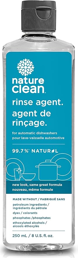 Nature Clean All Natural Dishwasher Rinse Aid Cleaner, Liquid Dishwasher Rinse Agent Spot-Free Glass & Cutlery in Hard Water, Non-Toxic Dish Washer Drying Agent & Stain Remover, 8 oz/250ml, Pack of 1