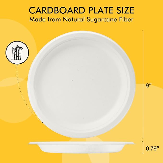 RACETOP Disposable Compostable Paper Plates 9 Inch [125 Pack], White Bagasse, Heavy-Duty Biodegradable Paper Plates, Eco-Friendly, Made of Natural Sugarcane Fibers