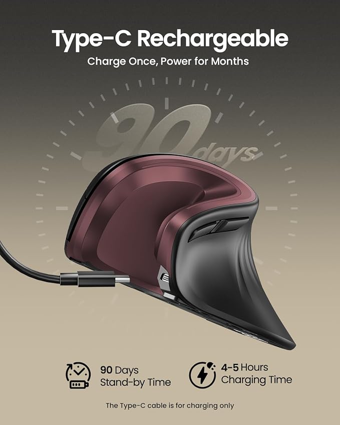 ProtoArc Ergonomic Mouse, EM11 NL Bluetooth Rechargeable Wireless Vertical Mouse, 3 Multi-Device Connectivity for Computer/PC/Laptop, 2.4GHz USB-A Optical Mice for Windows, Mac OS, Wine Red