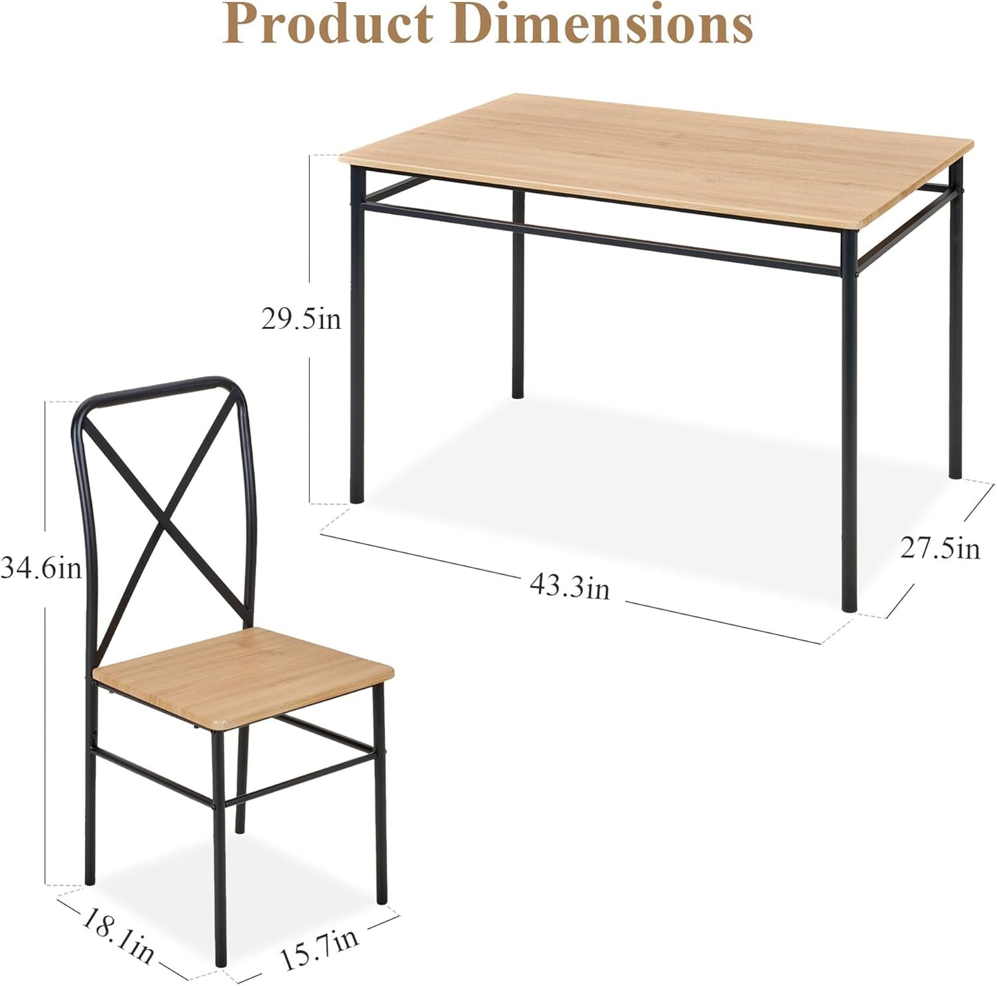 VECELO 5-Piece Kitchen Dining Table Set, Wood Tabletop & Heavy-Duty Metel Frame, Rectangle Dinette with 4 Chairs for Small Space, Breakfast Nook, Natural & Black