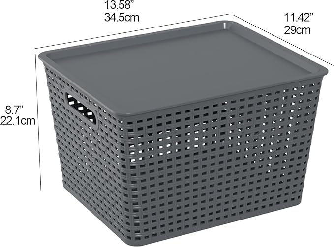 6-Packs Grey Woven Storage Baskets Bins with Lids, Plastic Large Stackable Baskets Box, 13.58'' x 11.42'' x 8.7''