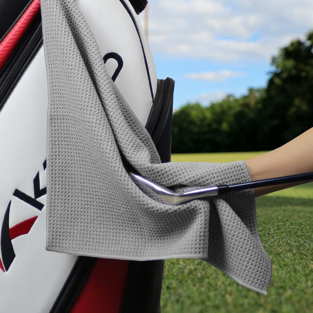 Myartte 2pcs Golf Towels for Golf Bag for Men Women Golfer Microfiber Fabric Waffle Pattern 16’’×16’’(Gray)