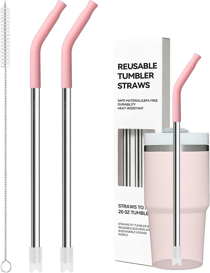 Metal Straws for Stanley Cups 14 oz & 20 oz, 8.6″Short Straw Replacement Stainless Steel Straw with Silicone Tip Reusable for Stanley Quencher H1.0 H2.0 Tumblers 100% BPA Free & Dishwasher Safe (Pink)