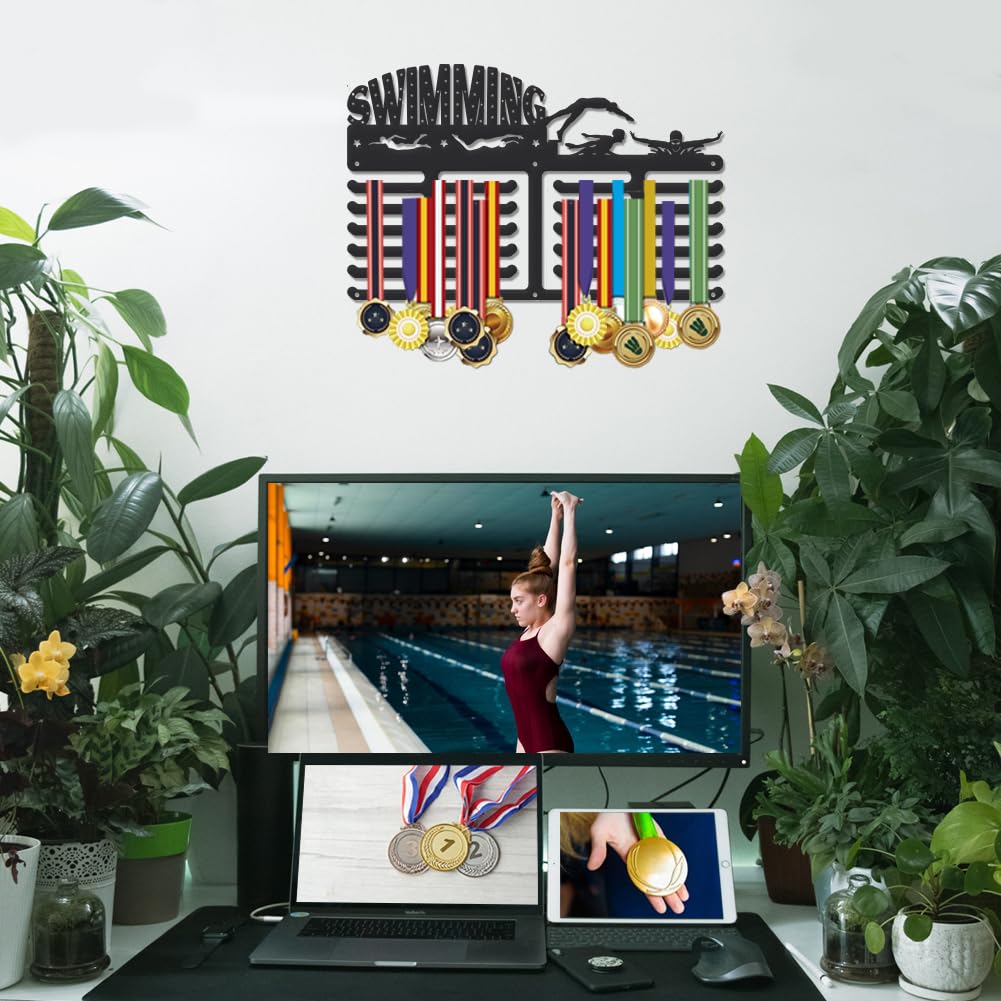 SUPERDANT Swimming Medal Hanger Swim Stars Medals Holder Personalised Award Black Metal Rack Wall Mount Sports Hanging 4 Rows 22 Hangers Non-Slip Hooks Gifts for Man Woman Athletes