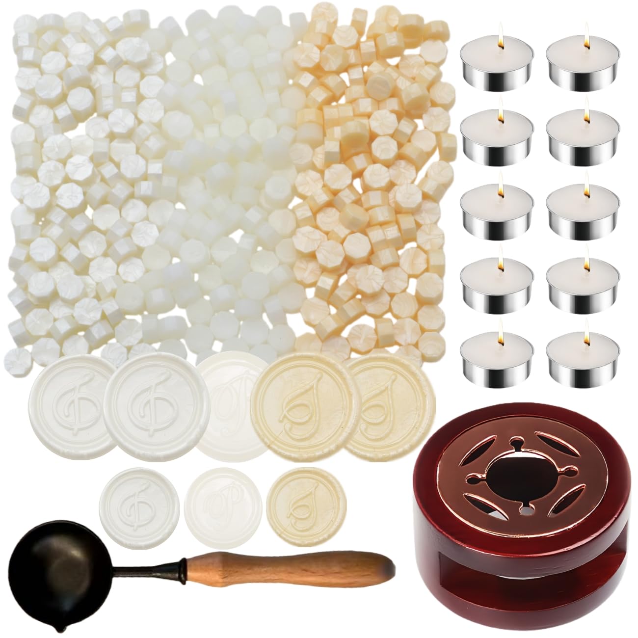 Wax Seal Kit with Warmer, ONWINPOR 300pcs Sealing Wax Beads in 3 Colors, Non-Slip Spoon, Candles for Envelopes, Stamp Letter Seal,Wedding Invitations (Pearl White Mix)