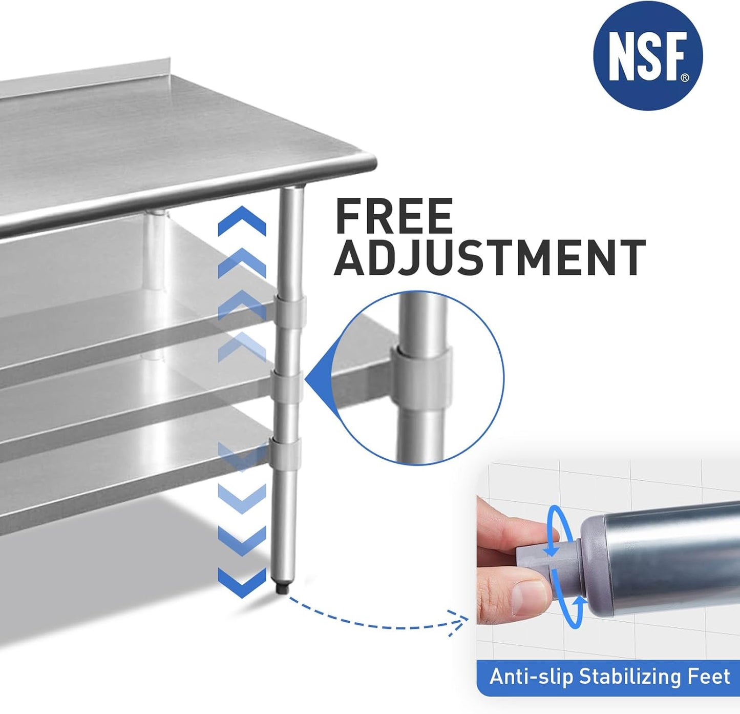 ROCKPOINT Stainless Steel Table for Prep & Work with Backsplash 18x24 Inches, NSF Metal Commercial Kitchen Heavy Duty Table with Adjustable Under Shelf and Table Foot for Restaurant, Home and Hotel