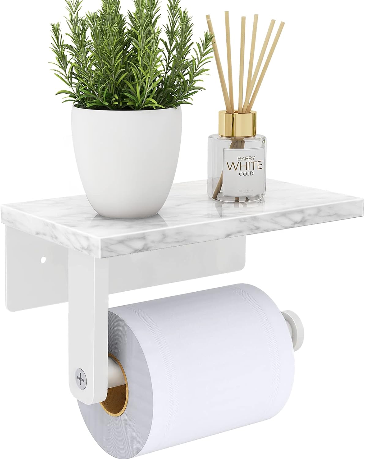 Toilet Paper Holder with Natural Marble Shelf, 304 Stainless Steel Screw Wall Mounted, Tissue Roll Paper Holder Dispenser for Bathroom Washroom White