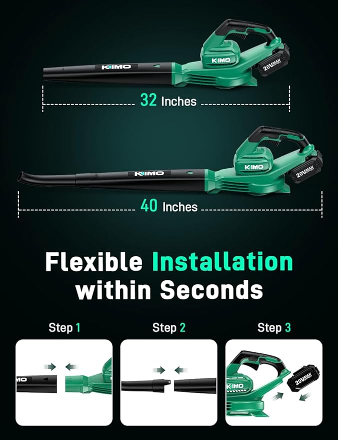 KIMO Leaf Blower Cordless with Battery and Charger, 2 Pack Batteries, Extension Tube, 20000 RPM Variable Speed, Lightweight Cordless Leaf Blower, Battery Operated Leaf Blowers for Lawn Care and Patio