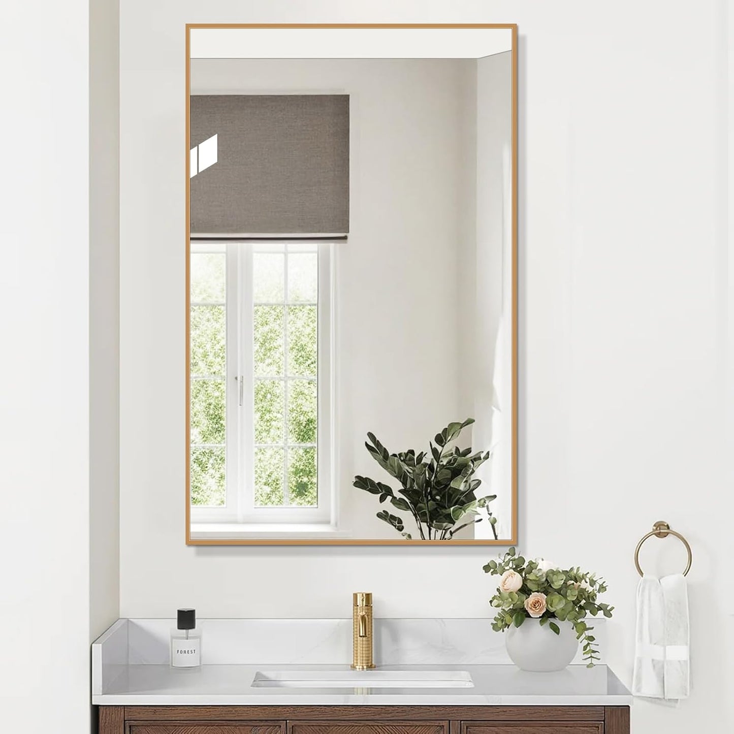Golden Bathroom Mirror for Wall, Rectangle Mirrors with Metal Frame, Modern Vanity Wall Mirror Decor for Entryway Hangs, Bathroom Living Room Horizontal or Vertical(Golden, 30" L x 24" W)
