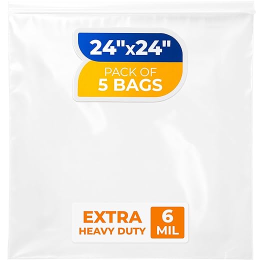 24" x 24" Extra Large Zip Seal Lock Bags, 6 Mil (Pack of 5) – Heavy-Duty Reclosable Plastic Bags – Clear, Resealable, Waterproof – For Storing and Organizing Clothes, Jewelry, and Travel