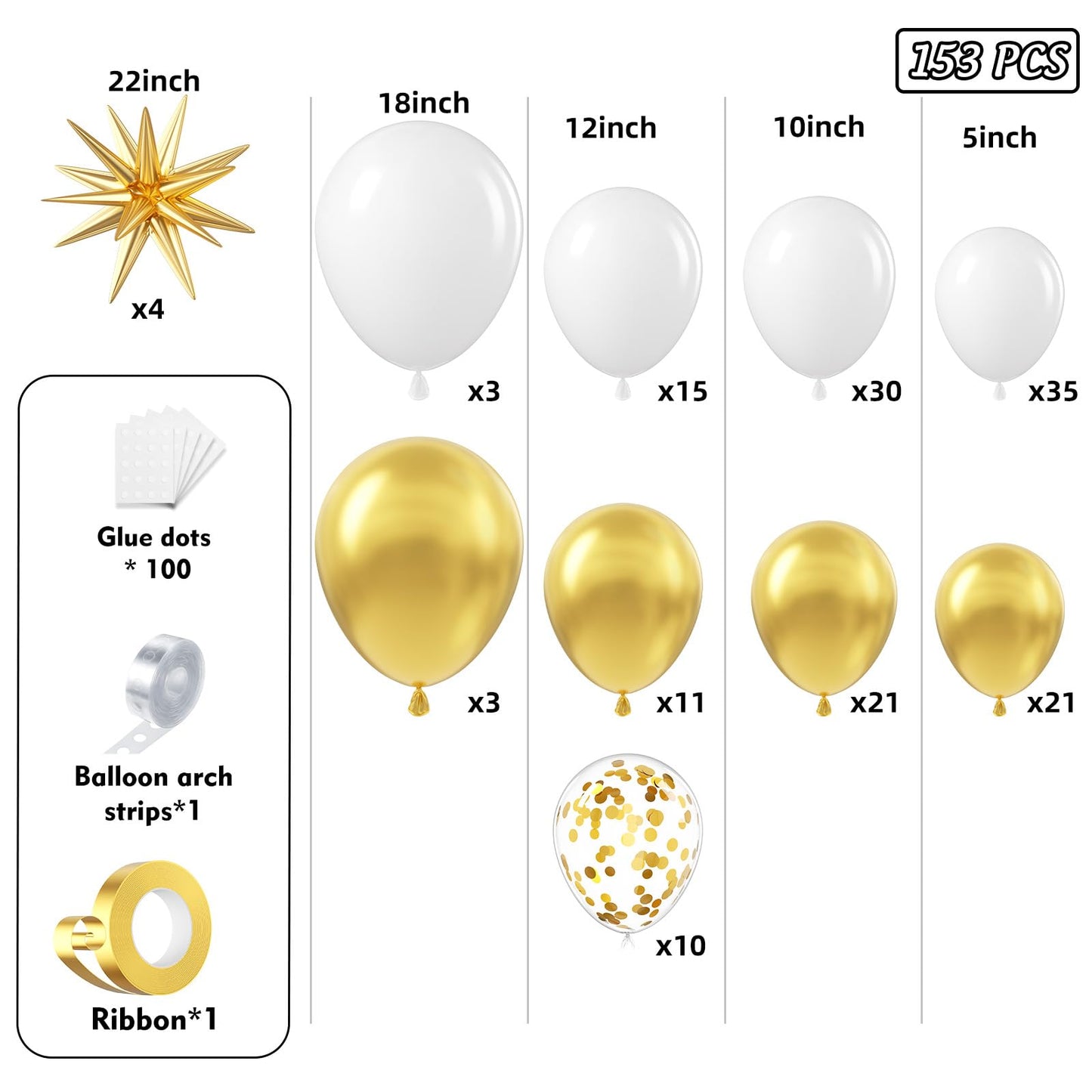 PTGOLUO White and Gold Balloon Arch Garland Kit 153pcs with Star, 22 18 12 10 5in Different Size White Metallic Gold Confetti Latex Balloons for Birthday Anniversary Wedding Baby Shower Decoration