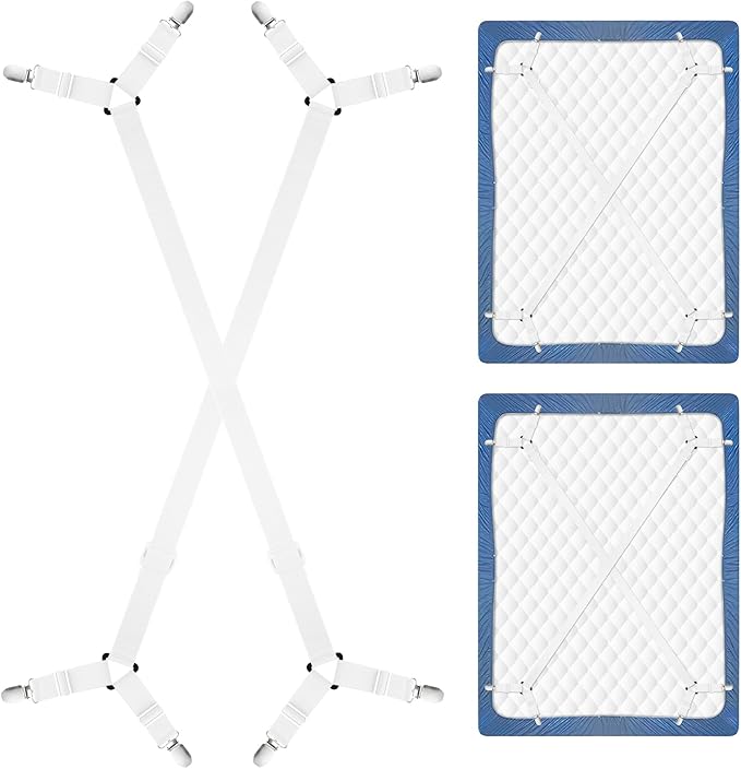 CHRORINE Bed Sheet Holder Straps Adjustable Sheet Fasteners Clips Keep Bedding Stays in Place, 2 Pcs/Set, White