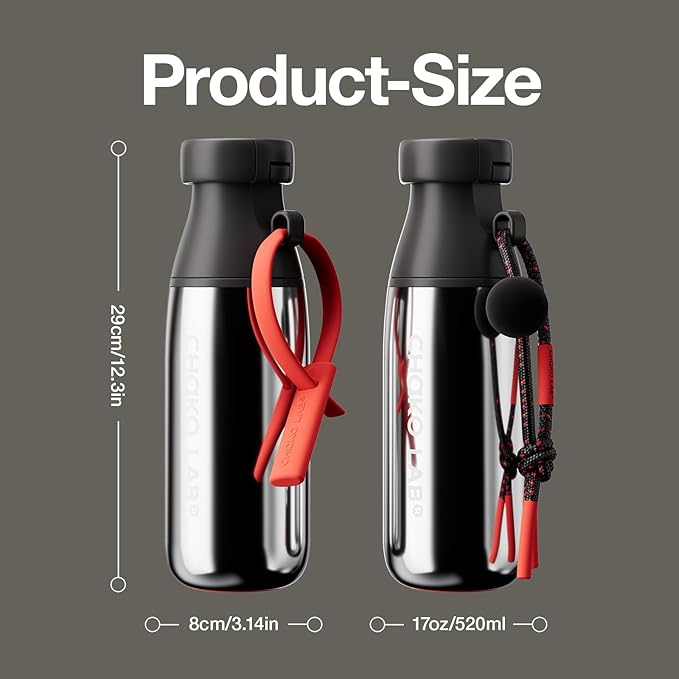 CHAKO LAB Insulated Stainless Steel Water Bottle with Two Strap | BPA-Free Leak Proof | 17oz Bottle with Spout Lid & Straw | Dark Chocolate Cocoa