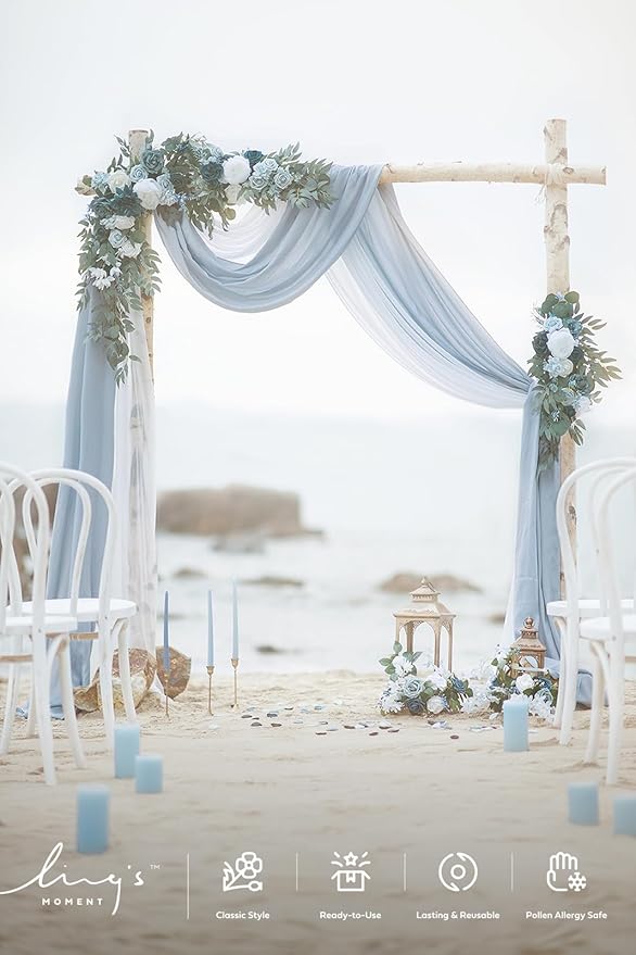 Ling's Moment Dusty Blue Artificial Wedding Arch Flowers Kit Pack of 4, 2pcs Hanging Flower Arrangement 2pcs Chiffon Drape Ceremony Spring Fake Silk Rose Arbor Backdrop Floral Swag Outdoor Beach Decor