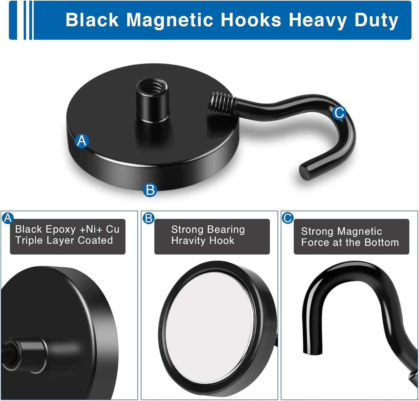 LOVIMAG Black Magnetic Hooks Heavy Duty, 120Lbs Strong Neodymium Magnet Hooks with Epoxy Coating for Home, Kitchen, Workplace, Office etc-2 Pack