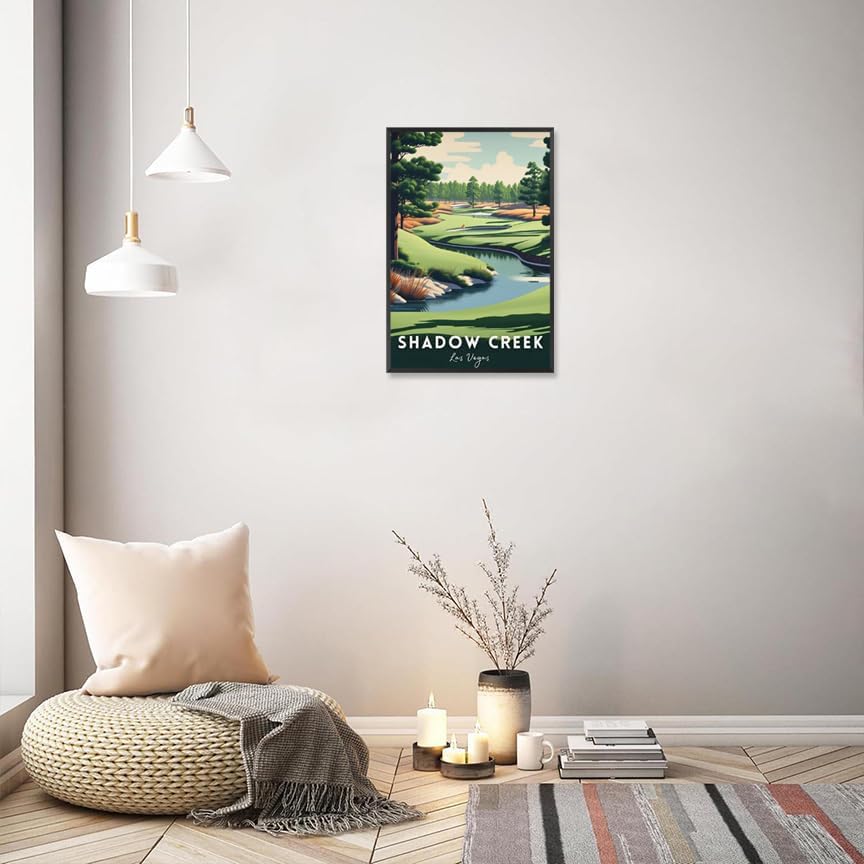 Retro Golf Course Poster Shadow Creek Court Travel Canvas Wall Art Golf Sports Lover Pictures Prints Painting For Living Room Bedroom Office Wall Decor 24x36in Framed