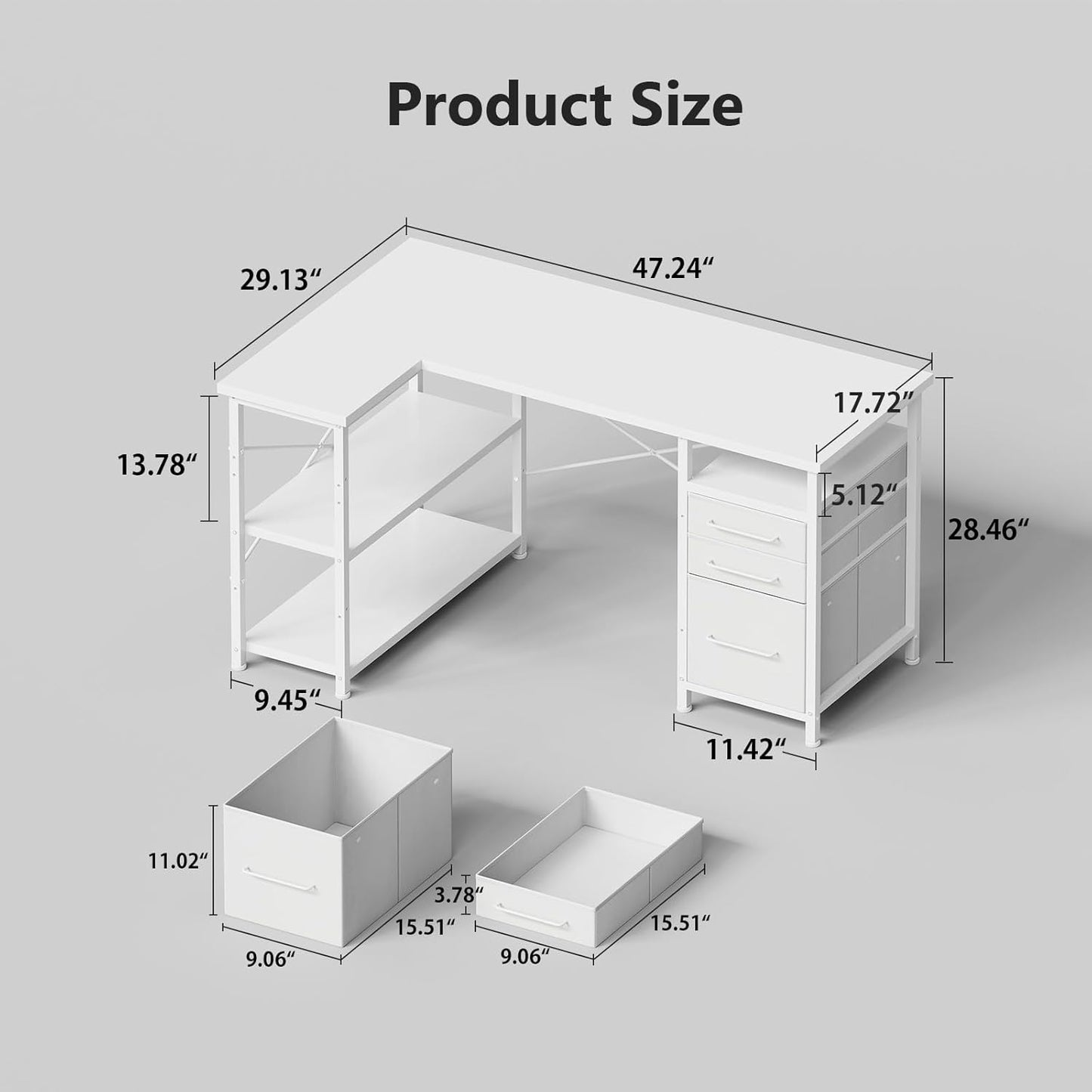 47" Computer Desk with Drawers, Desks for Bedrooms, Writing Desk with Storage, Work Desk for Small Space, White