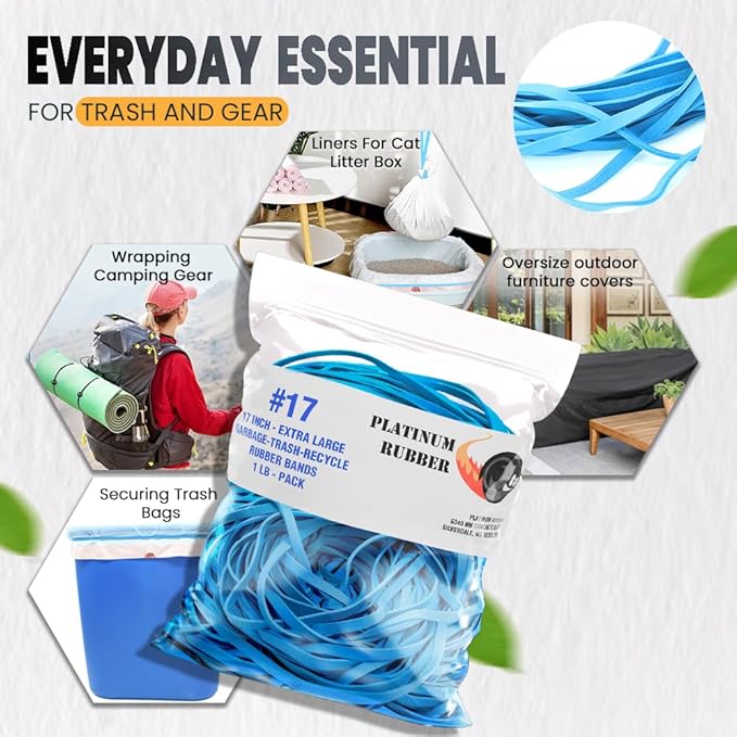 Garbage Trash Can Rubber Bands Blue Large Size 17" Inch Rubberbands Kitchen Compactor Tote Bin 55-65 Gallon 95 96-100 Gal Toter Oversize Big bag liner holder, 55 Drums Litter Pails Buckets (10-PACK)