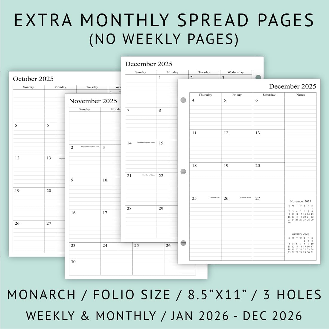 newestor 2026 Weekly Planner Refills for 3-Ring Binder with Monthly Tabs, Two Pages Per Week, 8-1/2" x 11", Folio Size 5 / Monarch