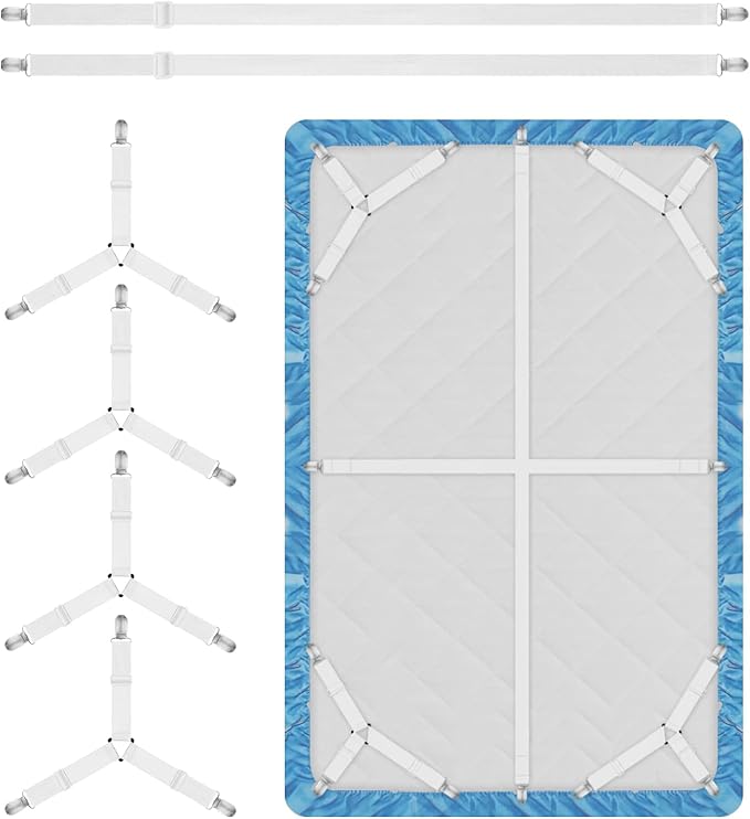 Bed Sheet Holder Straps, 4+2 Pcs Adjustable Mattress Sheet Clips, Bed Sheet Fasteners Elastic Sheet Suspenders to Keep Bed Sheet in Place for Different Beds (White)