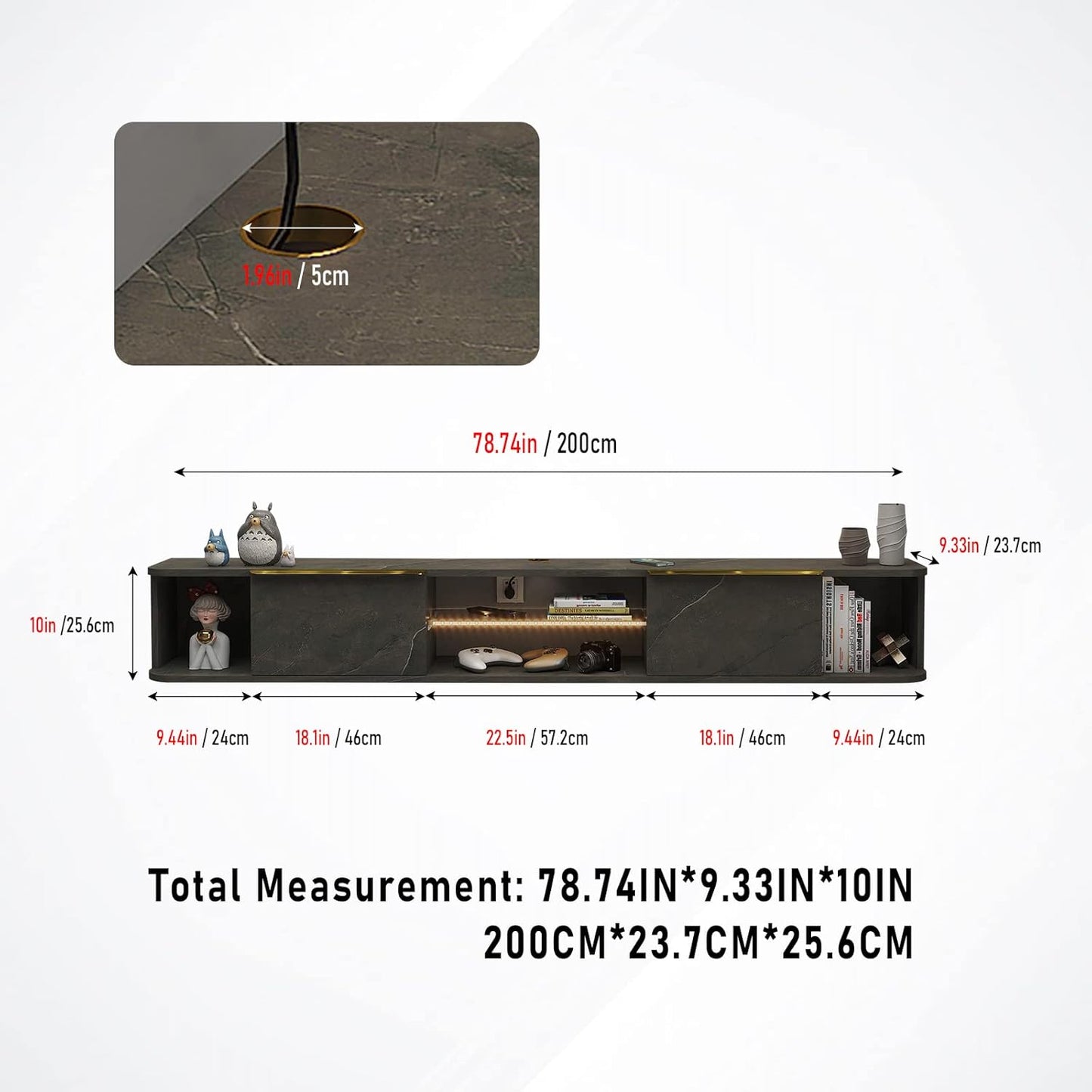 Pmnianhua LED Floating TV Stand with 2 Drawers for 80 inch TV,78'' Floating TV Shelf with LED Lights,Wall Mounted TV Console,Floating Shelf for Under TV (Dark Grey)