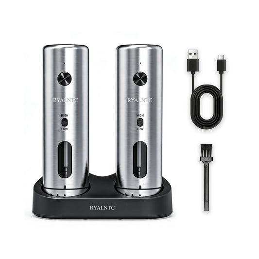 RYALNTC Electric Salt and Pepper Grinder Set with Rechargeable Base Upgraded Stainless Steel Automatic Salt and Pepper Shakers,Upgraded 2-Speed Setting,External 6 Adjustable Coarseness with LED Light
