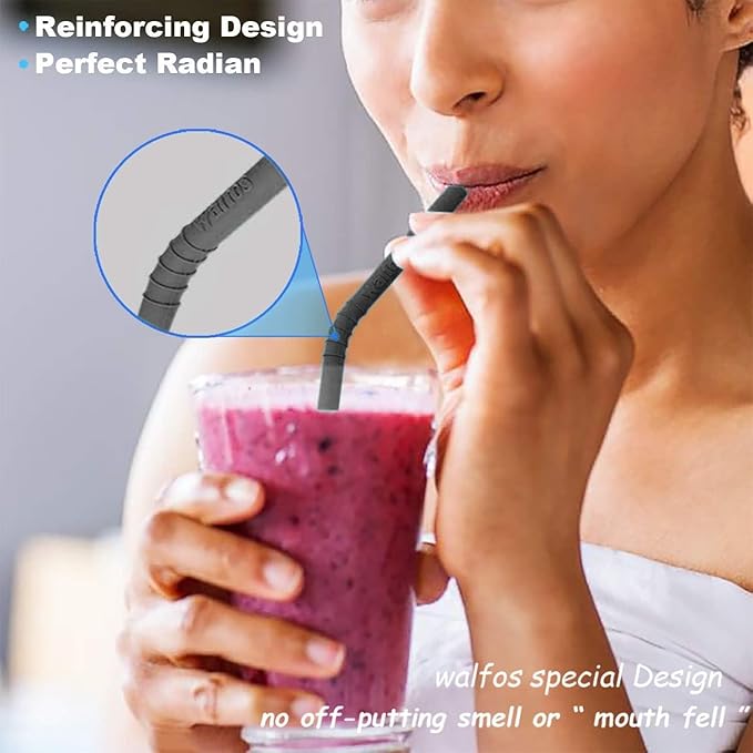 Walfos Reusable Silicone Straws -10.5 Inch Flexible Drinking Bendy straws for Smoothies/20 & 30 oz Tumblers, BPA Free (6 pcs Wide + 1 Cleaning Brushes ）