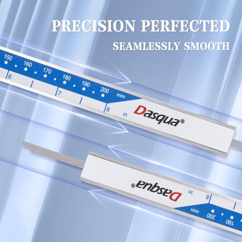Dasqua 8”/200mm Digital Caliper, Stainless Steel Precision Measuring Tool with Advanced Dual Chip, Large LCD, Resolution 0.0005”/0.01mm, Accuracy ±0.001”/0.02mm