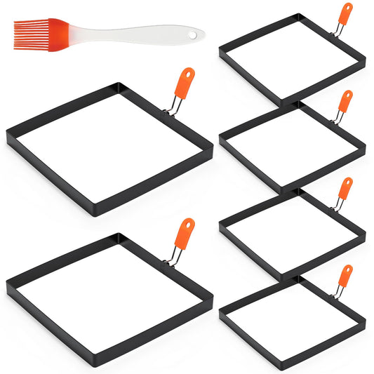 Patelai 6 Pack Square Egg Ring 4 Inch and 6 Inch Stainless Steel Frying Egg Molds Griddle Pancake Shapers with Orange Silicone Handle Oil Brush for Household Breakfast Omelette Sandwich Cooking Tool