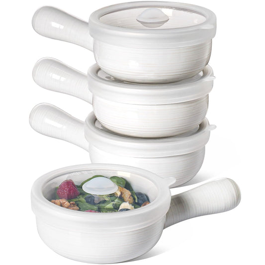 LE TAUCI Soup Bowls with Handles and Silicone Lids, 15 Oz French Onion Soup Bowls, Non-Toxic Ceramic Soup Crocks for Noodles, Stew, Cereal and Chilli, Oven Microwave Dishwasher Safe, Set of 4, White