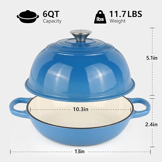 6QT Bread Dutch Oven Pot with Lid, Enameled Cast Iron Dutch Oven for Sourdough Bread Baking, Roasting, Stewing and Soup, Non-Stick Enamel Cookware for Oven/Stovetop, Perfect for Homemade Bread, Blue