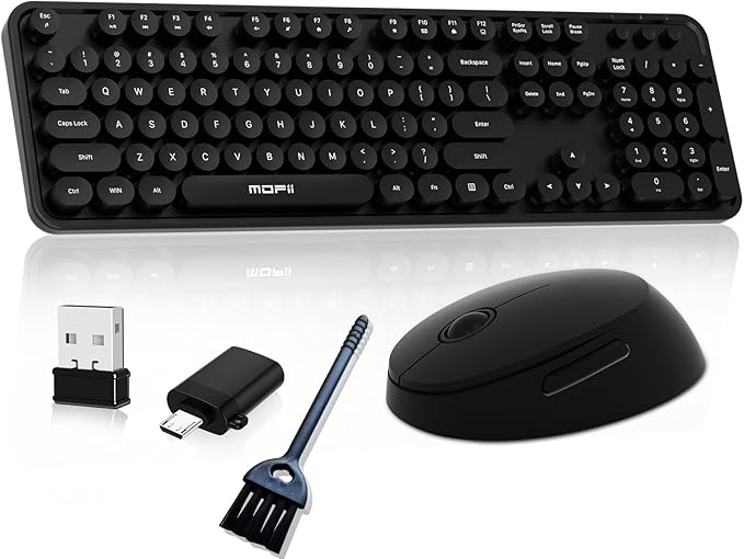 Wireless Keyboard and Mouse, COOFUN Cute Colorful 104 Keys Full Size Typewriter Keyboards Retro Cordless Key Board Ergonomic Keyboards and Mouse Wireless for Windows, PC, Laptop, Desktop (Black)
