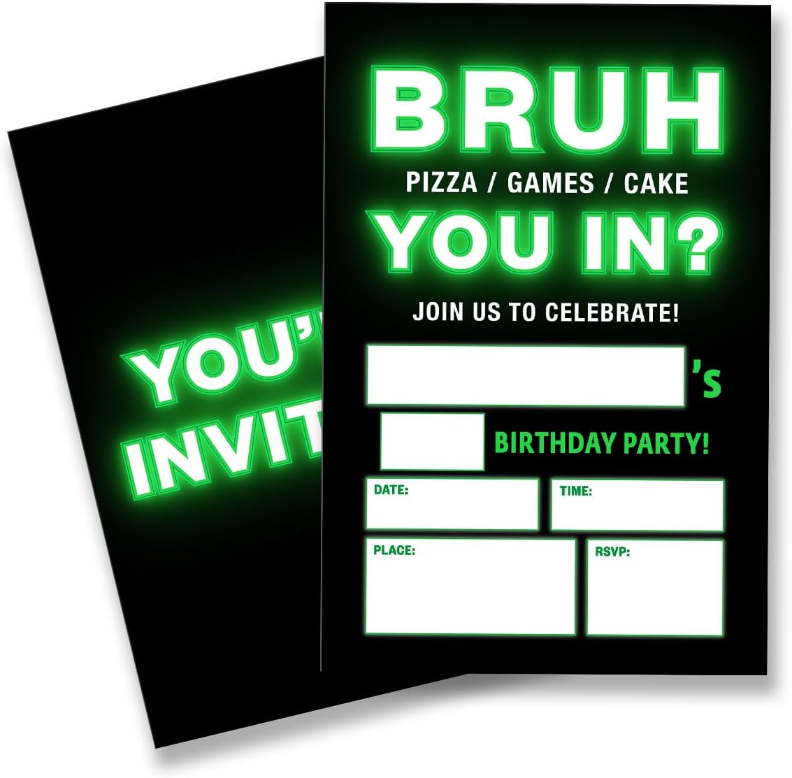 Bruh Neon Birthday Party Invitation Supplies with Envelopes Set of 20 Teenager Party Invitation Fill in Blank, Double Sided