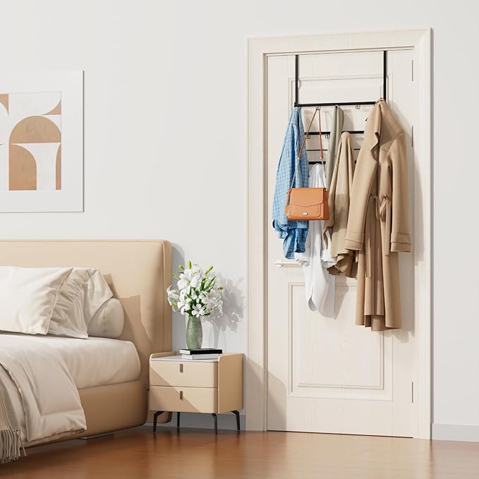 Consumest Over The Door Organizer - 4 Tier Door Hanger Hooks for Hanging Clothing, 24 Inches Long Coat Hanger for Bedroom, Bathroom, Laundry or Dorm Room, Black