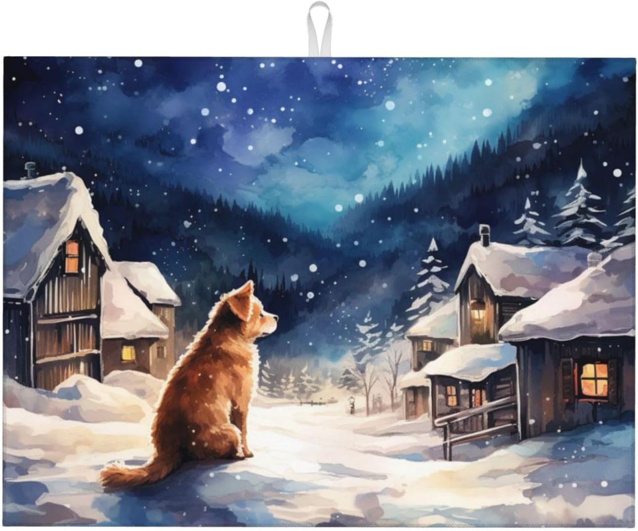 DADABULIU Dish Drying Mat Winter Dog Christmas Snow, 18x24 Inch, Microfiber & Sponge, Animal Print, White