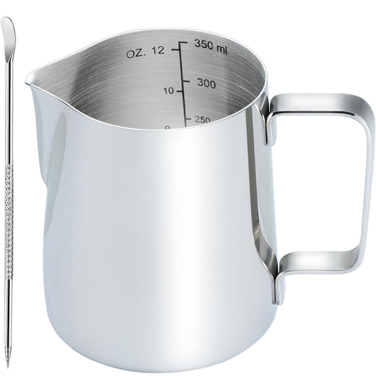 CAMKYDE Stainless Steel Milk Frothing Pitcher 12 oz, Espresso Steaming Pitcher with Decorating Pen for Espresso Machines, Cappuccino, Latte Art (Silver)