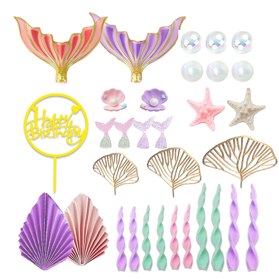 Mermaid Cake Topper Big Mermaid Tails Seaweed Bubbles Shells and Golden Ginkgo Leaves Cake Set for Mermaid Under the sea Cake Decor