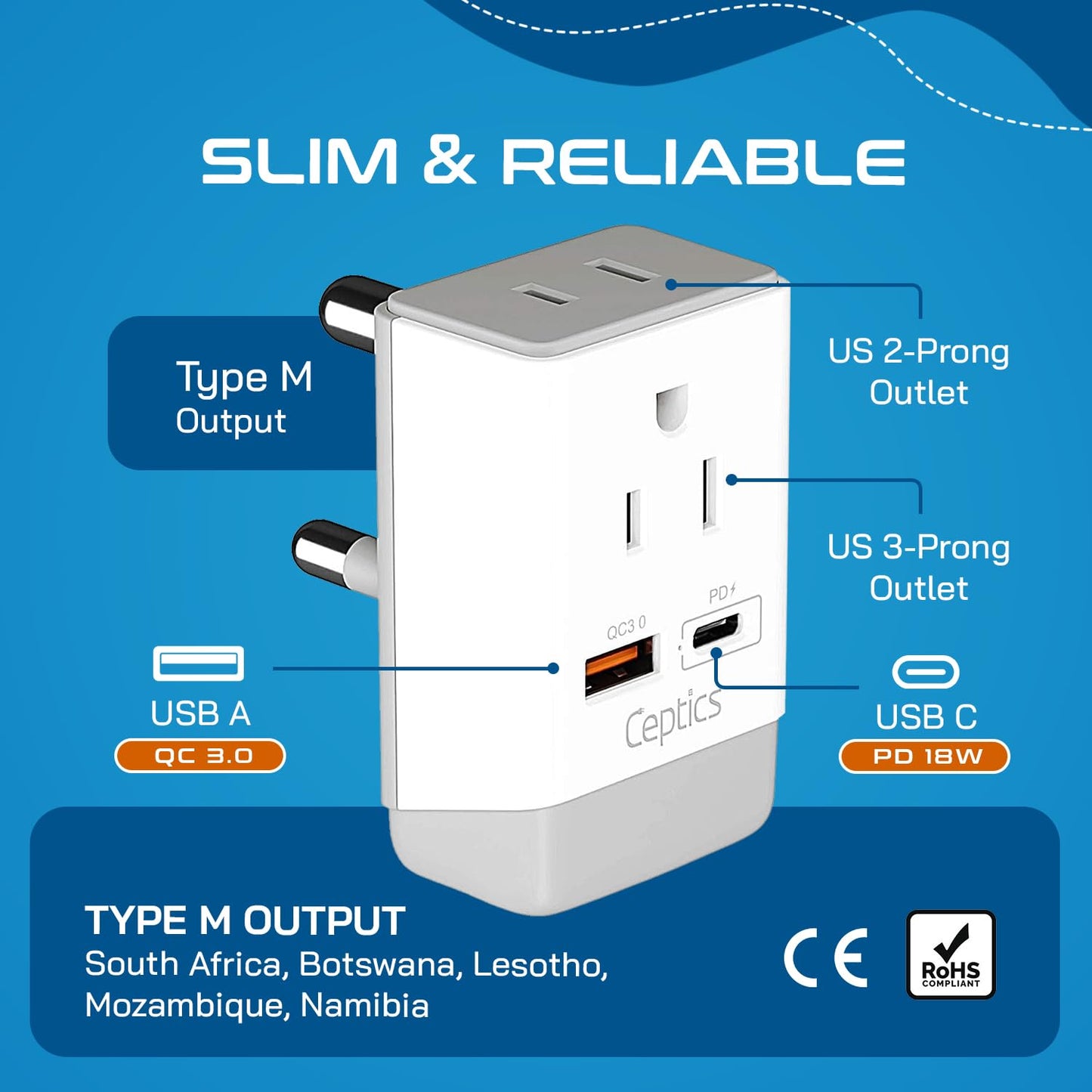 Ceptics South Africa Power Plug Adapter Travel Qc 3.0 & Pd, Safe Dual Usb & Usb-C - 2 Usa Socket Compact & Powerful - Use In S.