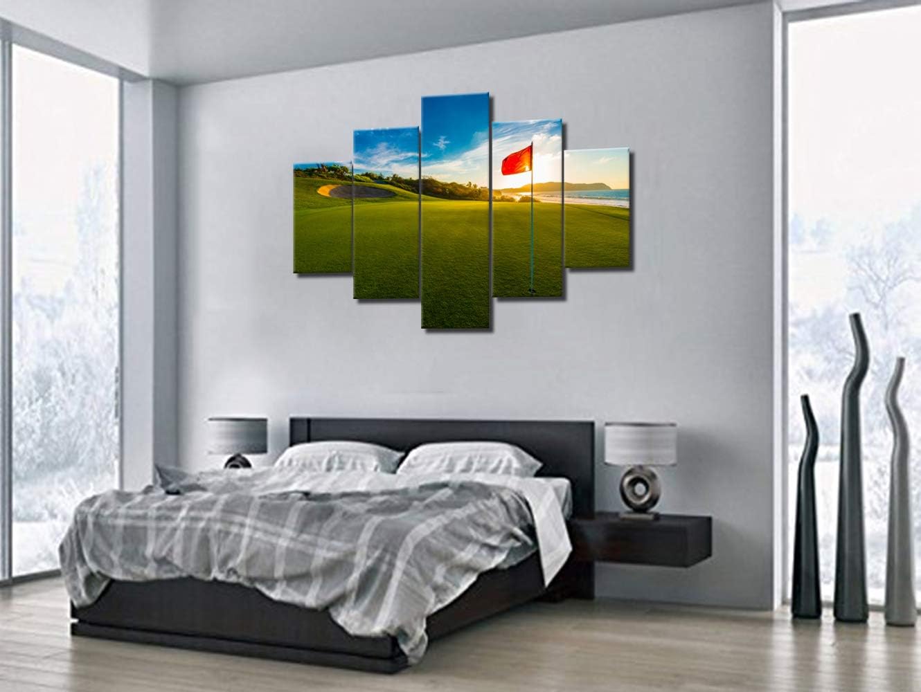 Golfing Pictures for Living Room Golf Course Scenery Paintings Red Flag Artwork 5 Piece Canvas Wall Art HD Prints Contemporary House Decoration Wooden Framed Gallery-Wrapped Ready to Hang(60''Wx40''H)