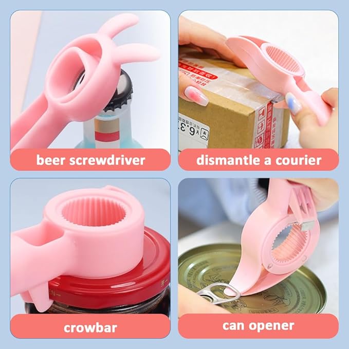 4 in 1 Beer Bottle Opener, 2023 New Multifunction Handheld Can Beer Opener for Jelly Jars Wine Beer Cans Sauce Bottles (Blue+White)