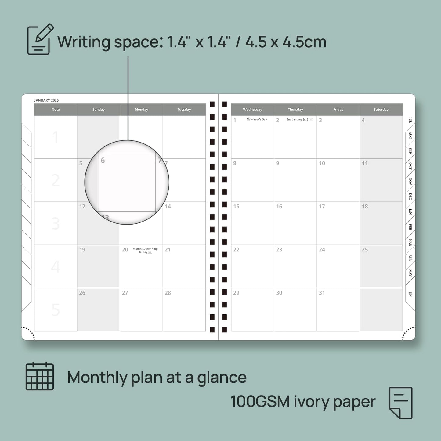 POPRUN Academic Planner 2025-2026 (July 2025-June 2026), Daily Weekly and Monthly Appointment Book (Wirebound Hard Cover - 10'' x 8'') with Hourly Time Slots, Tabs, 100 GSM - Pacific Green