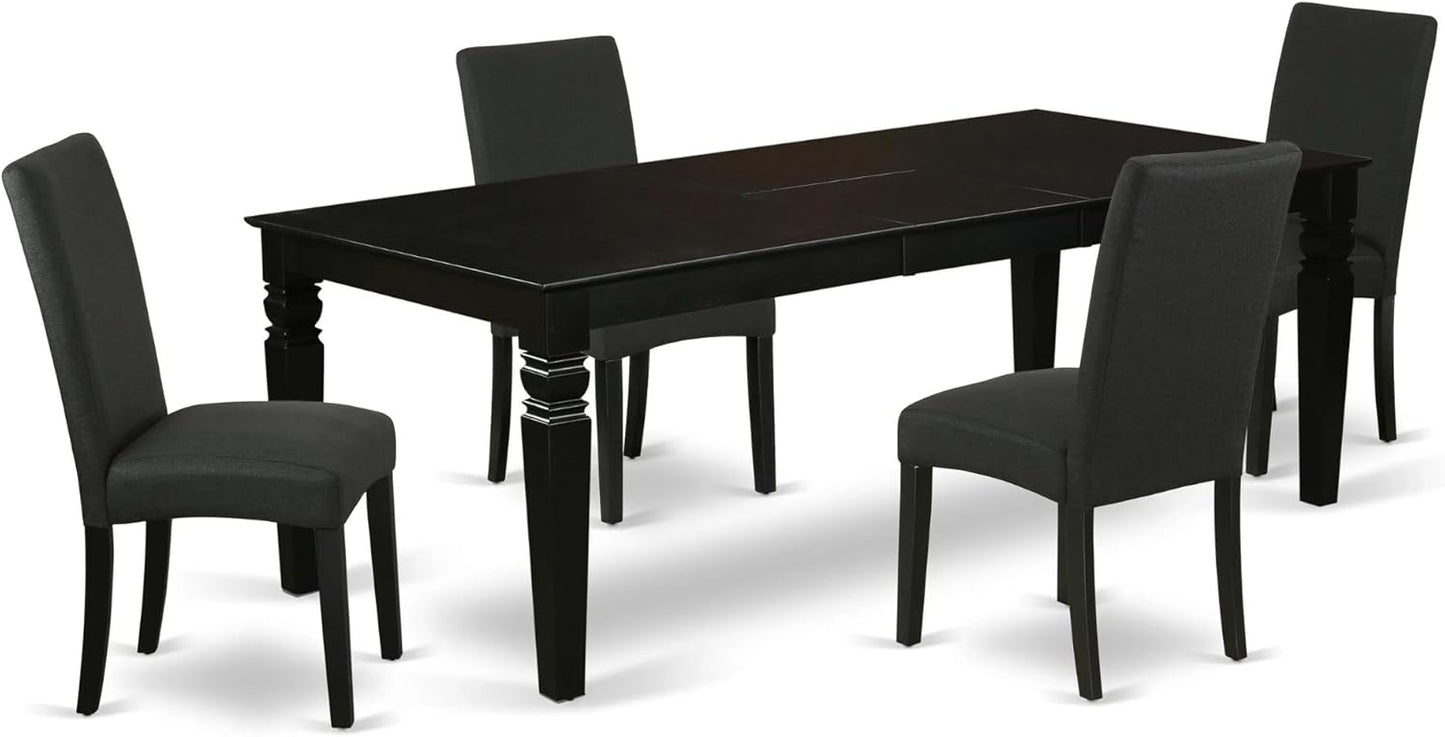East West Furniture LGDR5-BLK-24 5 Piece Dining Set Includes a Rectangle Dining Room Table with Butterfly Leaf and 4 Black Color Linen Fabric Upholstered Chairs, 42x84 Inch, Black