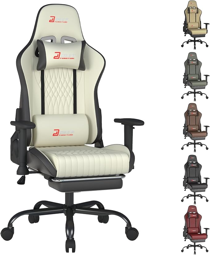 Video Game Chair with Footrest Ergonomic Comfortable Gaming Office Chair Height-Adjustable with a 360° Swivel Base and Headrest(1002-White)