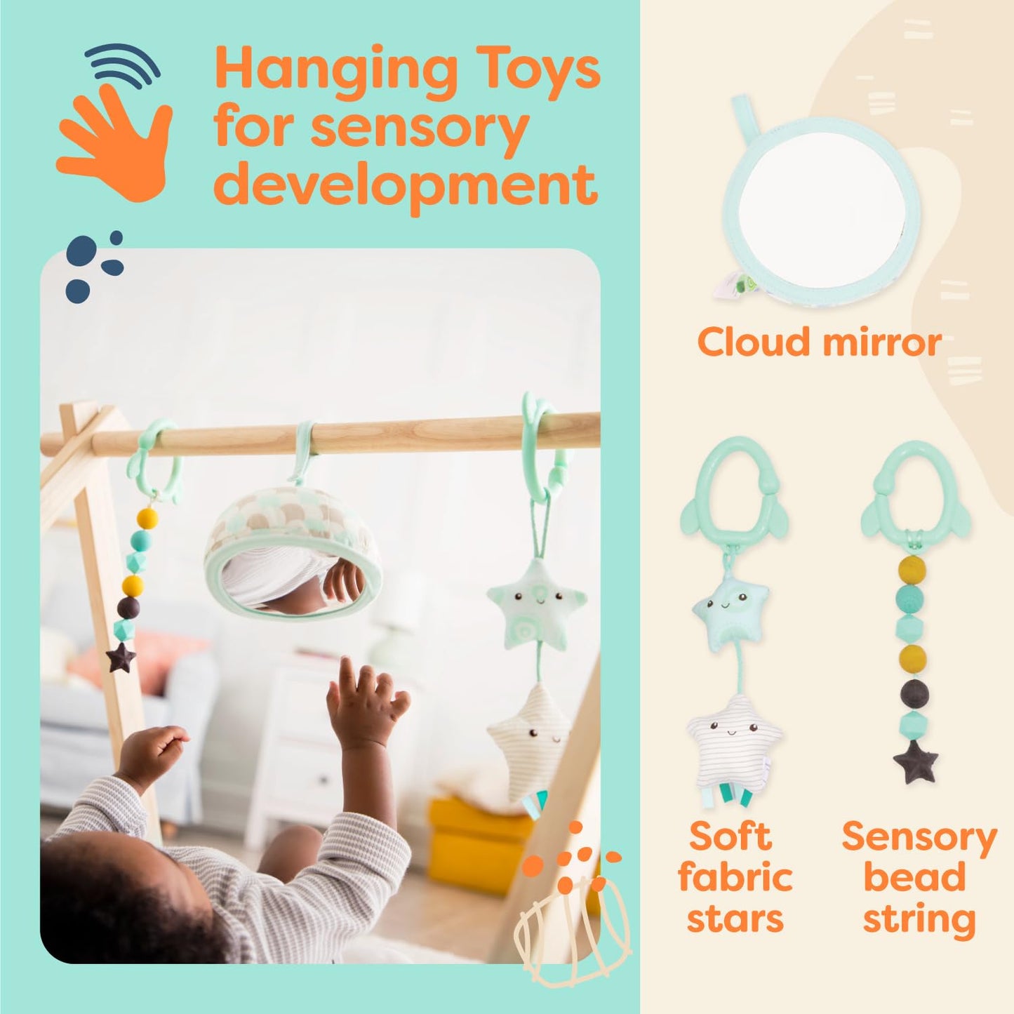 B. toys – Wooden Baby Play Gym – Activity Mat – Starry Sky – 3 Hanging Sensory Toys – Natural Wood – Babies, Infants