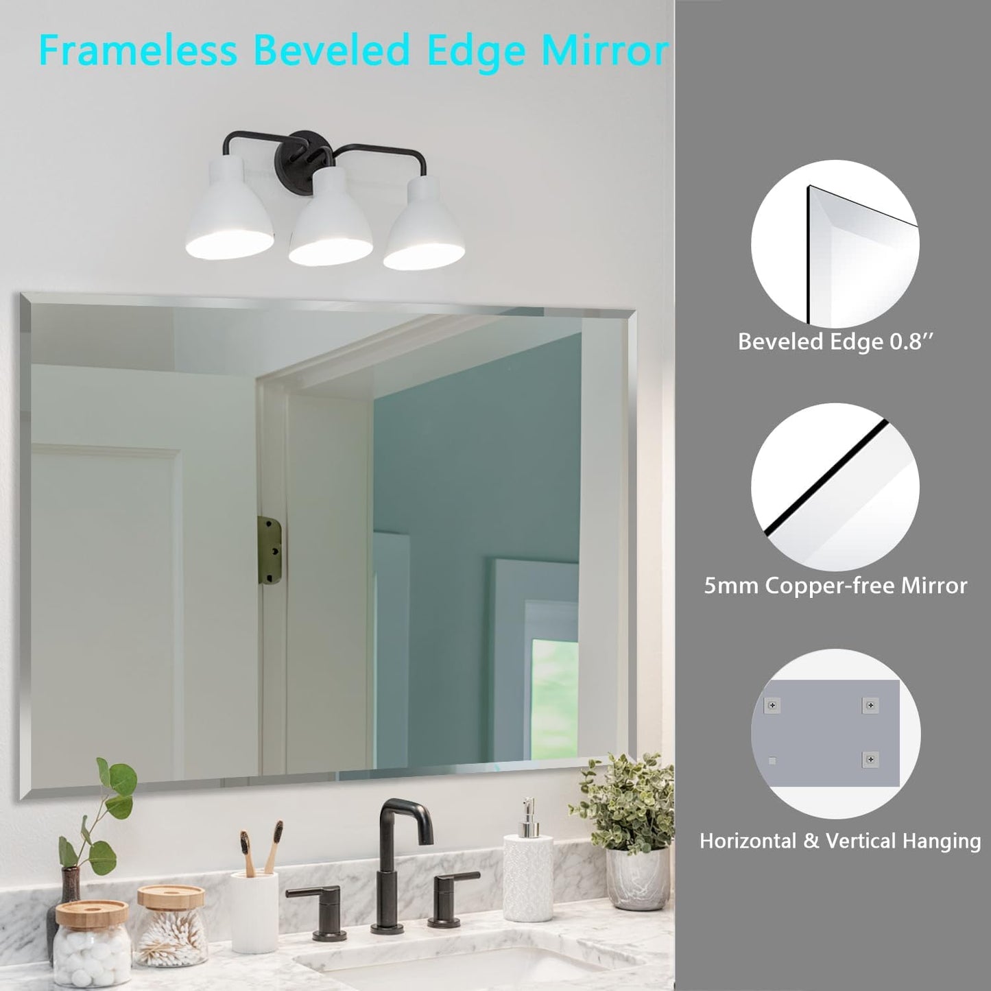 Frameless Beveled Edge Bathroom Mirror 36x24 Inch Rectangle Wall Mirror Explosion Proof and Shatterproof Bathroom Vanity Mirror Wall Mounted Hang Firmly (Horizontal or Vertical)