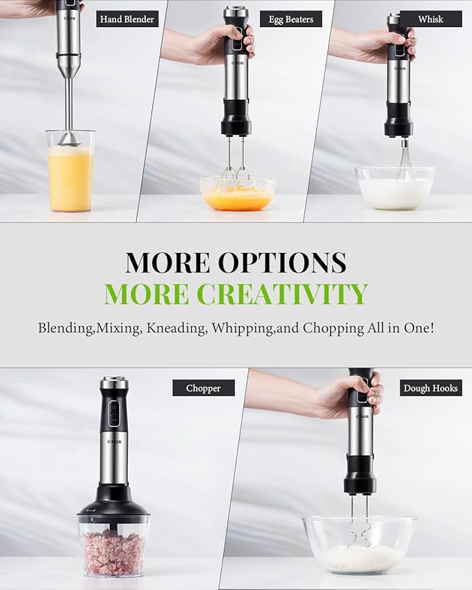 GDOR 7-in-1 Immersion Hand Blender, 1000W Scratch Resistance Handheld Blender with 20-Speed & Turbo Mode, Powerful Hand Mixer with Dough Hooks, Egg Beaters, Whisk, Beaker, Chopper and Titanium Blades