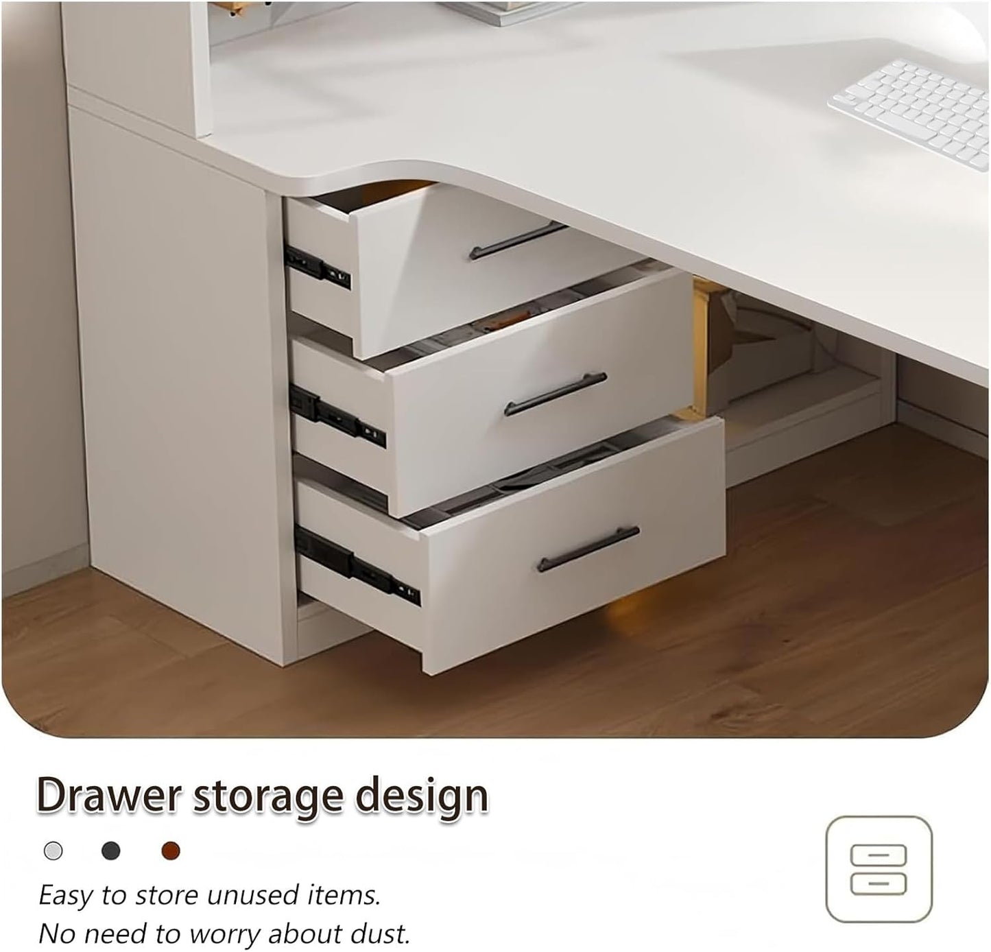 L Shaped Gaming Desk with Drawers and Cabinet Minimalist Computer Desk with 5-Tier Shelf & 3 Storage Drawers, White Office Desk for Home PC Gaming Study Table for Bedroom Small Spaces