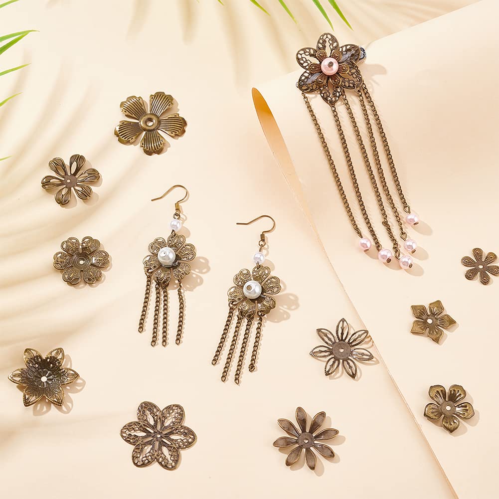 PandaHall 200pcs Flower Spacer Beads, 10 Styles Iron Flower Bead Cap Filigree Tibetan End Caps for DIY Earrings Bracekets Necklace Jewelry Craft Making Supplies, Antique Bronze