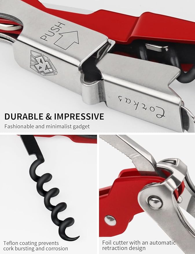CORKAS Wine Key - Professional Handcrafted Heavy Duty Waiter Corkscrew, Compact Wine Opener with Double Hinged, Foil Cutter and Bottle Opener, Gifts for Severs, Sommelier, Bartenders (4Pack-Red)