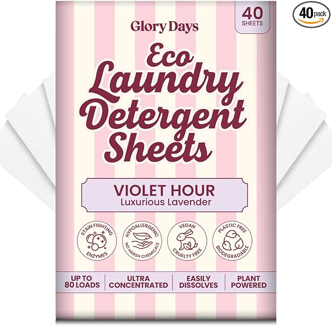 Glory Days Eco Laundry Detergent Sheets – Violet Hour (Lavender) | 40 Sheets = Up to 80 Loads | Enzyme‑Powered, Plastic‑Free, Hypoallergenic | HE, Top & Front Loader | Travel‑Friendly